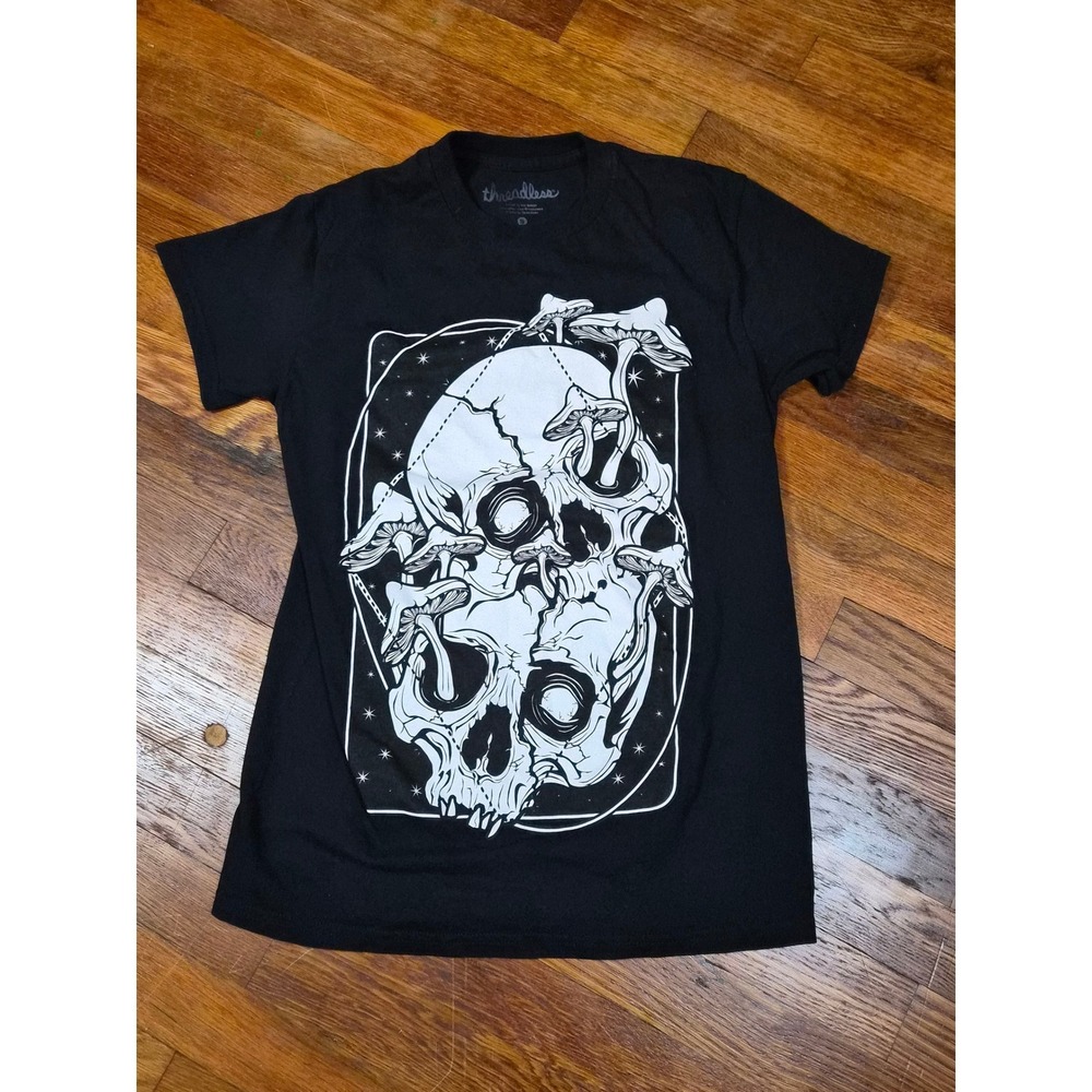 Threadless Skulls and Mushrooms Graphic T-Shirt Black Vuo Kowen Art Tee Small